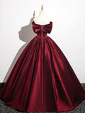 Burgundy Satin Floor Length Prom Dress, Burgundy A-Line Off the Shoulder Evening Party Dress HZ0429