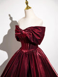 Burgundy Satin Floor Length Prom Dress, Burgundy A-Line Off the Shoulder Evening Party Dress HZ0429