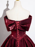 Burgundy Satin Floor Length Prom Dress, Burgundy A-Line Off the Shoulder Evening Party Dress HZ0429