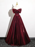 Burgundy Satin Floor Length Prom Dress, Burgundy A-Line Off the Shoulder Evening Party Dress HZ0429