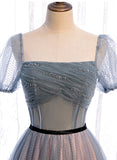 Grey Tulle Long Prom Dresses, A-Line Evening Dresses HZ0429