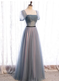 Grey Tulle Long Prom Dresses, A-Line Evening Dresses HZ0429