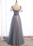 Grey Tulle Long Prom Dresses, A-Line Evening Dresses HZ0429