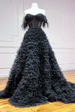 Black Tulle Long Ball Gown, A-Line Off the Shoulder Evening Gown HZ0429