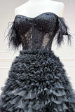 Black Tulle Long Ball Gown, A-Line Off the Shoulder Evening Gown HZ0429