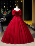 Burgundy Velvet Tulle Floor Length Formal Dress, Burgundy A-Line Evening Party Dress HZ0429