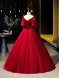 Burgundy Velvet Tulle Floor Length Formal Dress, Burgundy A-Line Evening Party Dress HZ0429