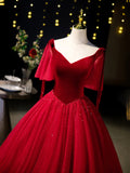Burgundy Velvet Tulle Floor Length Formal Dress, Burgundy A-Line Evening Party Dress HZ0429