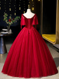 Burgundy Velvet Tulle Floor Length Formal Dress, Burgundy A-Line Evening Party Dress HZ0429