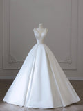 White V-Neck Satin Long Formal Dress, Elegant A-Line Wedding Party Dress HZ0429