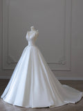 White V-Neck Satin Long Formal Dress, Elegant A-Line Wedding Party Dress HZ0429