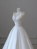 White V-Neck Satin Long Formal Dress, Elegant A-Line Wedding Party Dress HZ0429
