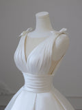 White V-Neck Satin Long Formal Dress, Elegant A-Line Wedding Party Dress HZ0429