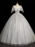 Gray Sparkly Tulle Long Scoop Neckline Prom Dress, Beautiful A-Line Evening Party Dress HZ0429