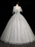 Gray Sparkly Tulle Long Scoop Neckline Prom Dress, Beautiful A-Line Evening Party Dress HZ0429