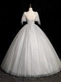 Gray Sparkly Tulle Long Scoop Neckline Prom Dress, Beautiful A-Line Evening Party Dress HZ0429