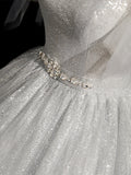 Gray Sparkly Tulle Long Scoop Neckline Prom Dress, Beautiful A-Line Evening Party Dress HZ0429