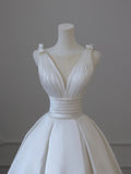 White V-Neck Satin Long Formal Dress, Elegant A-Line Wedding Party Dress HZ0429
