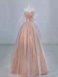 Pink Tulle and Sparkling Sequins Floor Length Prom Dress, Beautiful A-Line Evening Party Dress HZ0429