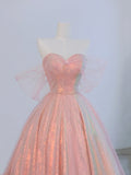 Pink Tulle and Sparkling Sequins Floor Length Prom Dress, Beautiful A-Line Evening Party Dress HZ0429