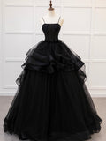 Black Spaghetti Strap Tulle Long Prom Dress with Beaded, A-Line Tulle Layers Formal Gown HZ0429