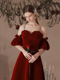 Burgundy Velvet Floor Length Prom Dress, Beautiful Spaghetti Strap Evening Party Dress HZ0429