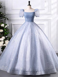 A-Line Blue Tulle Sequins Floor Length Prom Dress, Beautiful Short Sleeve Evening Party Dress HZ0429