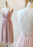 Pink V-Ncek Chiffon Prom Dresses, A-Line Backless Short Dresses HZ0429