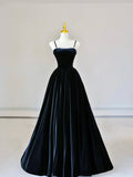 Spaghetti Strap Velvet Long Prom Dress with Pearls, Black Evening Dress Party Dress HZ0429