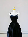Spaghetti Strap Velvet Long Prom Dress with Pearls, Black Evening Dress Party Dress HZ0429