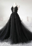 Black Tulle Lace Long Prom Dress, Black Formal Graduation Dress HZ0429