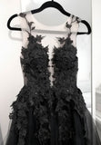 Black Tulle Lace Long Prom Dress, Black Formal Graduation Dress HZ0429