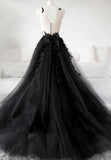 Black Tulle Lace Long Prom Dress, Black Formal Graduation Dress HZ0429