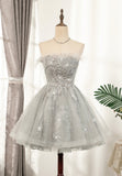 Gray Strapless Feather Short Prom Dresses, Cute Party Dresses HZ0429