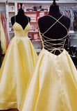 Yellow Satin Long Prom Dresses, Simple A-Line Evening Dresses HZ0429
