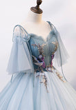 Lovely Spaghetti Strap Blue Long Prom Dresses, Lace Evening Dresses HZ0429