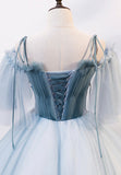 Lovely Spaghetti Strap Blue Long Prom Dresses, Lace Evening Dresses HZ0429