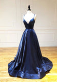 Simple Satin Long Prom Dresses, A Line Blue Evening Dresses HZ0429