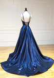 Simple Satin Long Prom Dresses, A Line Blue Evening Dresses HZ0429