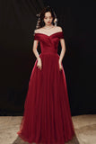 Burgundy Tulle Floor Length Prom Dress, Off the Shoulder Party Dress HZ0429