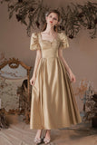 Cute Satin Tea Length Prom Dress, A-Line Short Sleeve Graduation Party Dress HZ0429