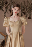 Cute Satin Tea Length Prom Dress, A-Line Short Sleeve Graduation Party Dress HZ0429