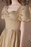 Cute Satin Tea Length Prom Dress, A-Line Short Sleeve Graduation Party Dress HZ0429