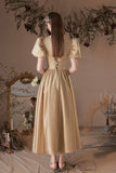 Cute Satin Tea Length Prom Dress, A-Line Short Sleeve Graduation Party Dress HZ0429