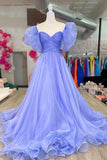 A-Line Organza Long Prom Dress, Lovely Puff Sleeve Evening Dress HZ0429