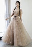 Champagne Tulle Long Prom Dresses, A-Line 1/2 Sleeve Evening Dresses HZ0429