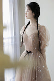 Champagne Tulle Long Prom Dresses, A-Line 1/2 Sleeve Evening Dresses HZ0429