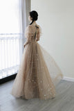 Champagne Tulle Long Prom Dresses, A-Line 1/2 Sleeve Evening Dresses HZ0429