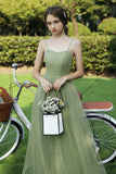 Green Spaghetti Strap Tulle Long Prom Dress, A-Line Evening Party Dress HZ0429