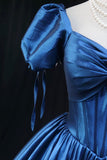 Blue Satin Ball Gown with Puff Sleeves, Princess Floor Length Prom Gown HZ0429